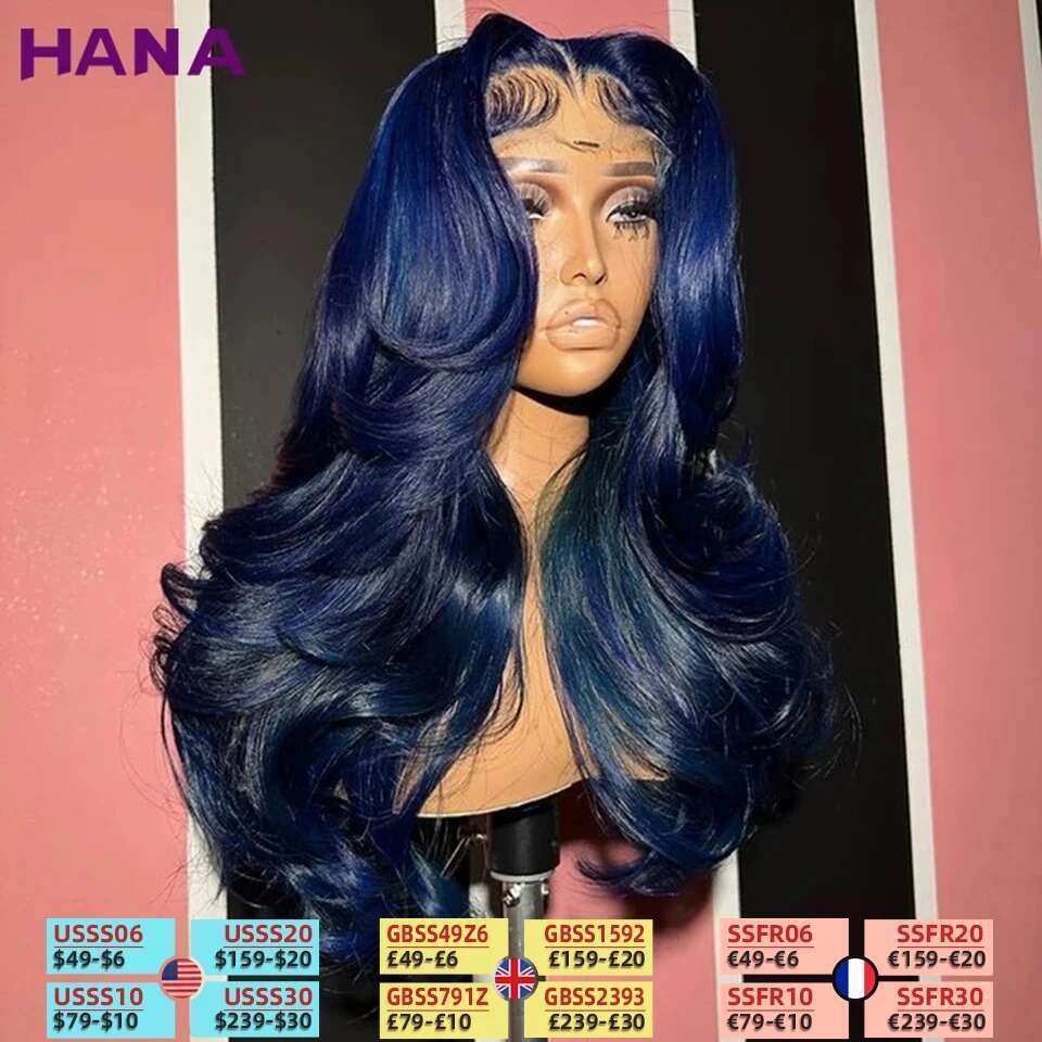 Midnight Blue Color Transparent 13x4 13x6 Body Wave Frontal Wig Pre-Plucked Remy 5x7 Lace Closure Human Hair Wavy Wigs