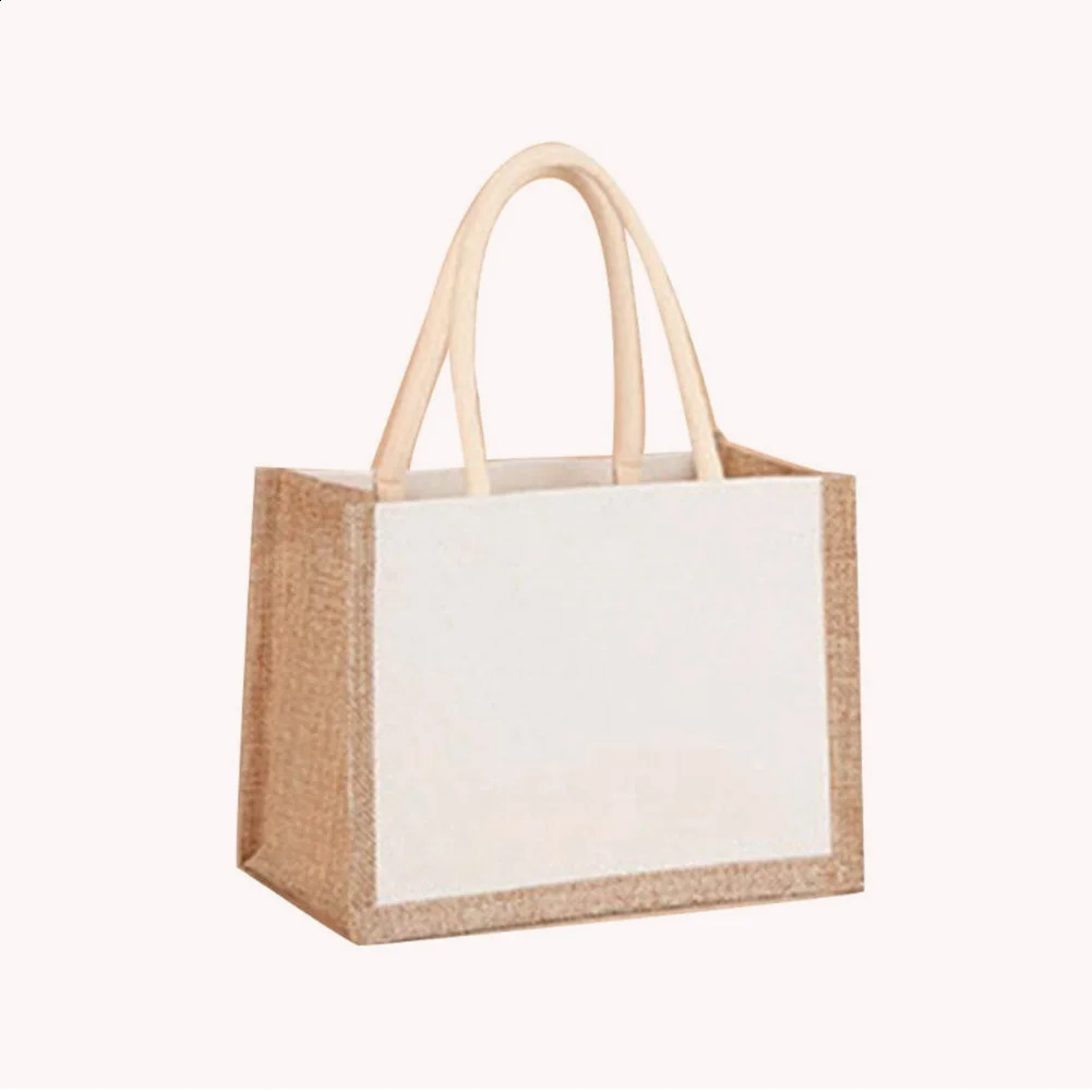 Women Burlap Jute Tote Bag Large Capacity Canvas Casual Shopping Bag Contrast Color Ladies Outdoor Handbag 250516