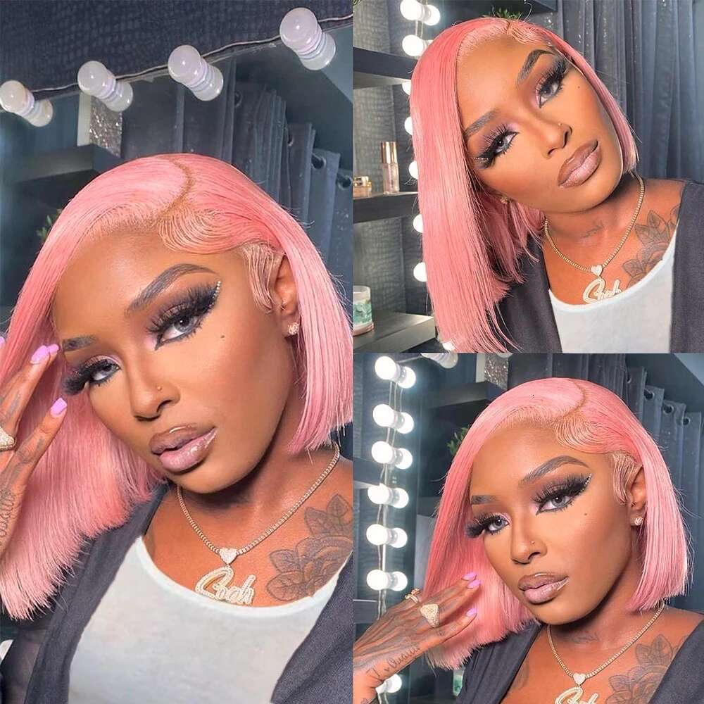 Pink Wig 180% Denity 13X4 Lace Frontal Pre Plucked Brazilian Remy Short Bob Human Hair Wigs