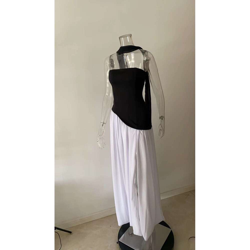 Design Hepburn style contrast zipper tight fitt dress with irregular slits, sexy vacation long skirt quality dress, 2025 new style, chic and elegant