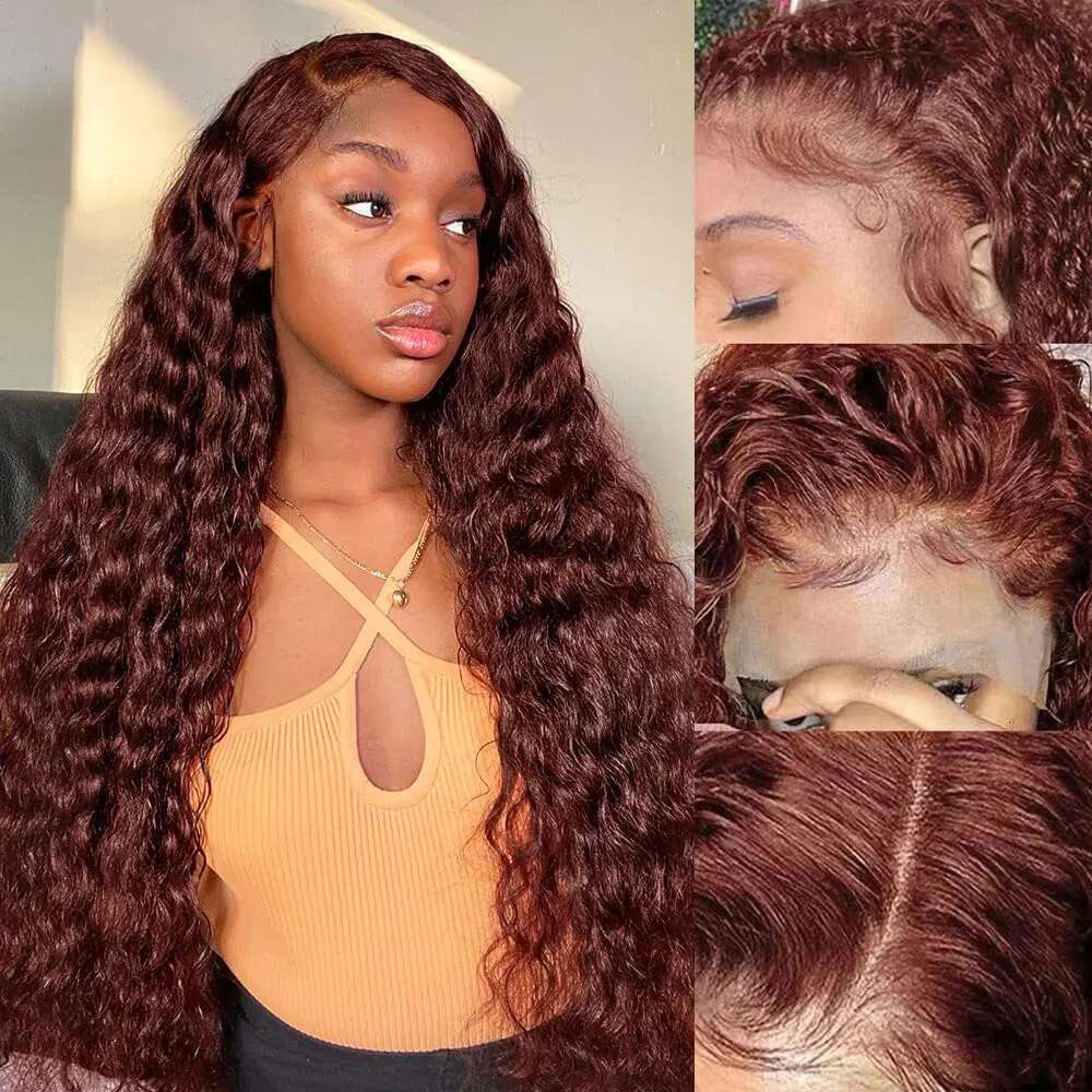 13x4 Reddish Brown Wave Frontal 13x6 HD Lace Front Wigs For Women Deep Curly Human Hair 4x4 Closure Wig