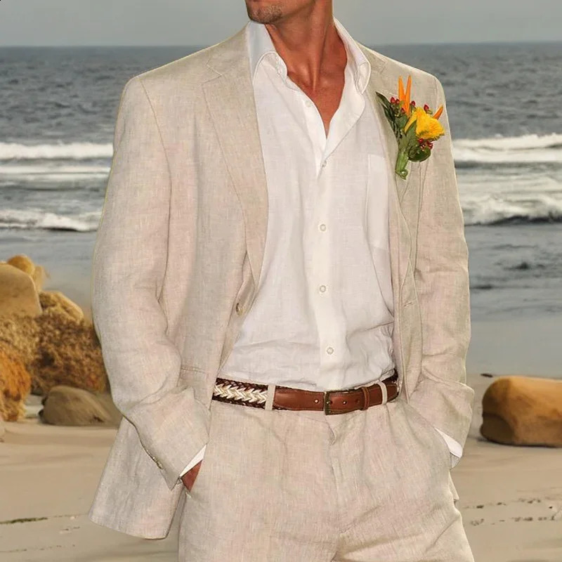 Beige Linen Wedding Suits for Men Beach 2 Pcs Groom Tuxedo Summer American Style Suit Jacket with Pants 250519