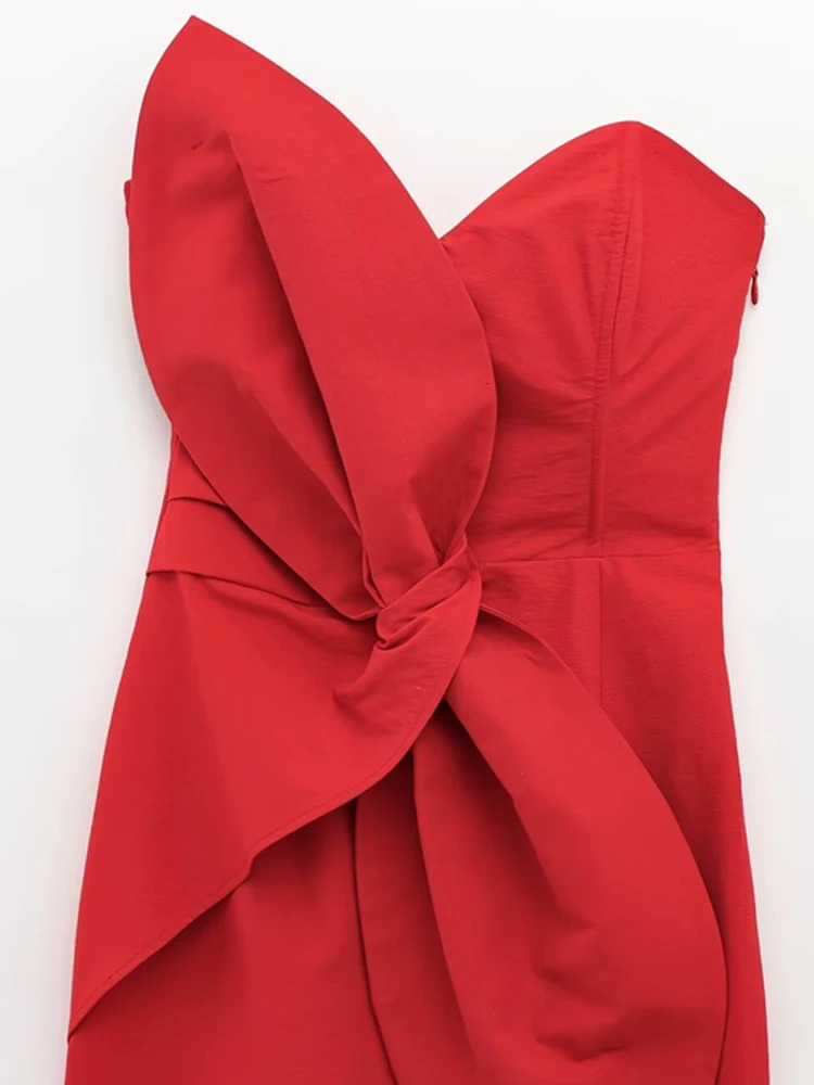 TRZA Strapless Midi Dress for Women Bow Detail Sweetheart Neck Side Zipper Fashion Female Vestidos Mujer 250520