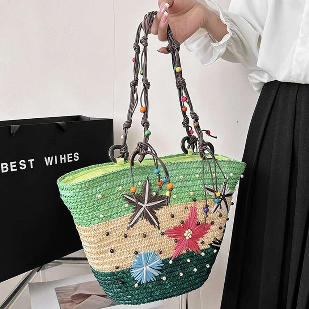 Women Summer Beach Bag Lady Large Straw Tote Colorful Hand-Embroidered Starfish Girl Hoilday Buckets Rattan Bohemian Handbag