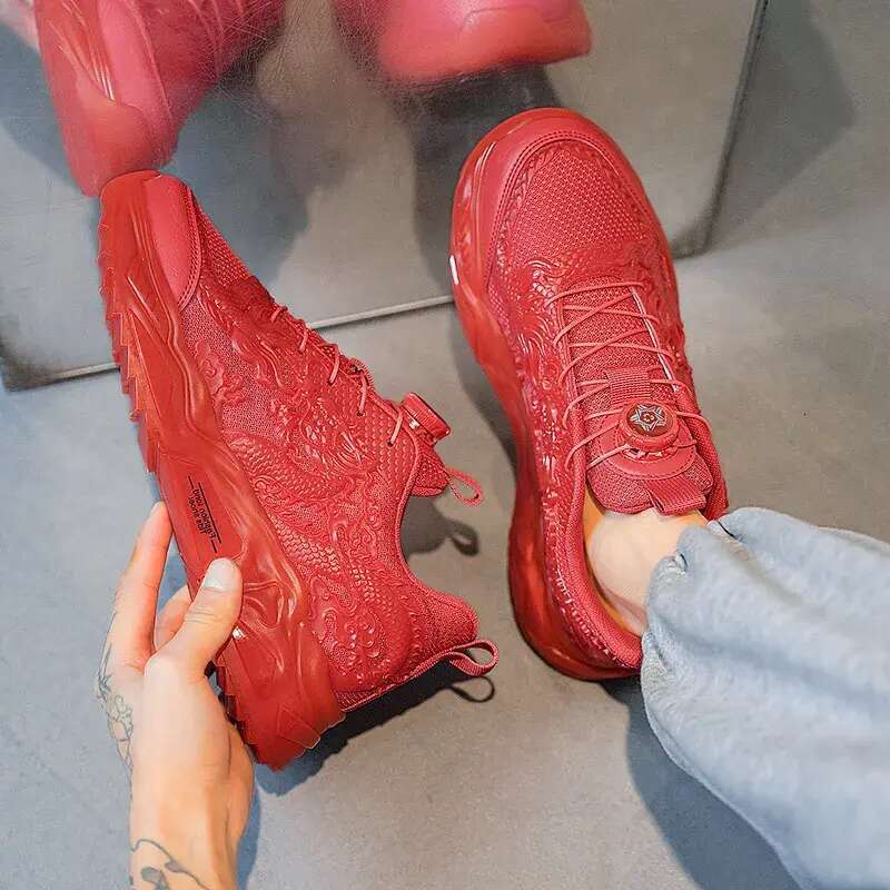 Running Shoes for Men Dragon New Year Style Black Gold Red Trendy Non-Slip Durable Sneakers Outdoor Activities