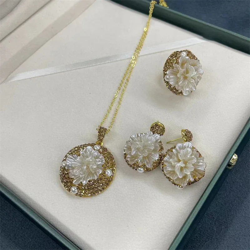 Turkish Irregular Baroque Freshwater Pearl Jewelry Sets 3D Three-dimensional Carving of Peony Flowers Charm Necklace Earring 250520