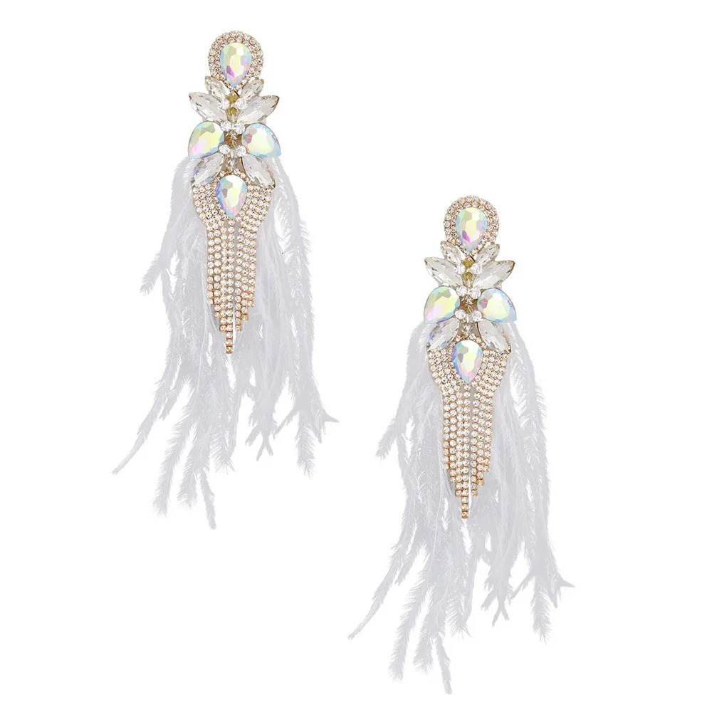 Stonefans AB Color Rhinestone Tassel Feather Earrings Jewelry for Women Statement Large Earrings Belly Dance Decor Prom Jewelry 250520