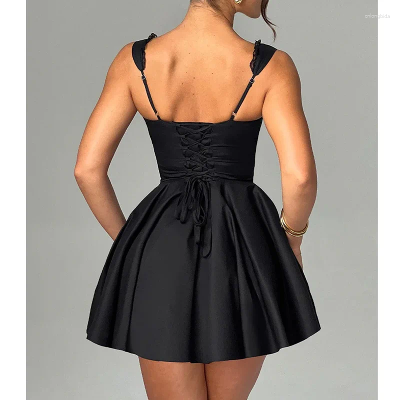 Casual Dresses Lamuusaa Corset Dress Women Sexy Clothes Solid Color Square Collar Sleeveless Ruffle Hem a Line Mini Club Party