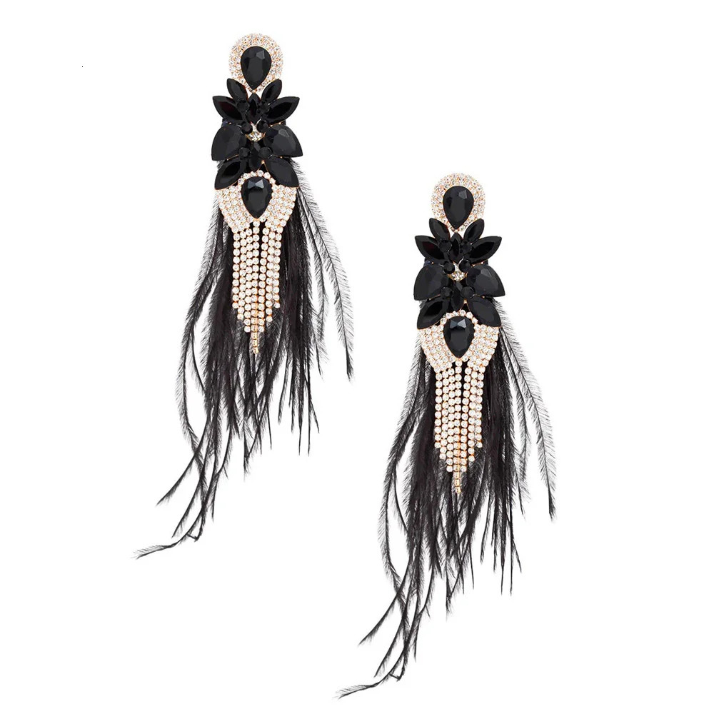 Stonefans AB Color Rhinestone Tassel Feather Earrings Jewelry for Women Statement Large Earrings Belly Dance Decor Prom Jewelry 250520