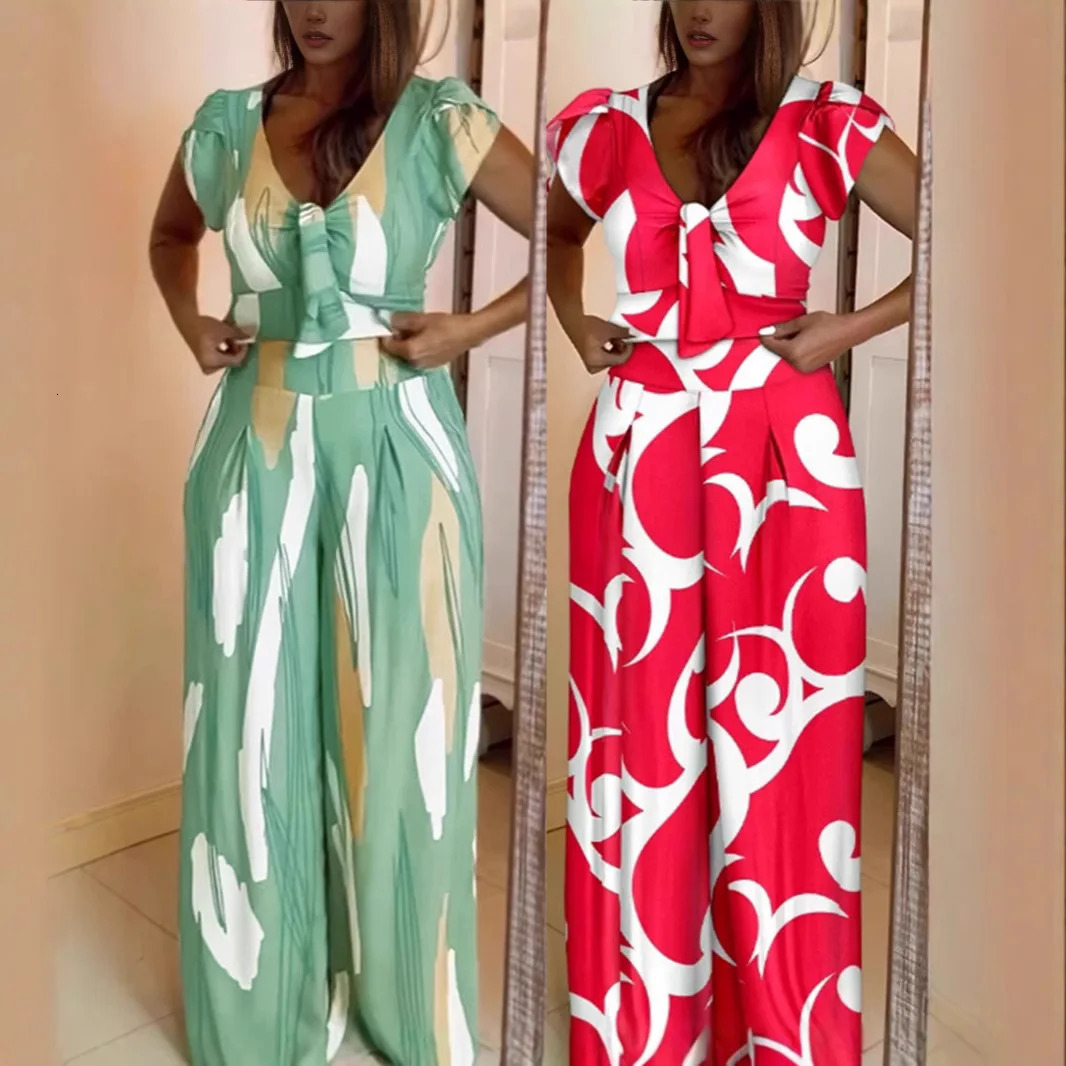 2025 Summer Womens Short sleeved Top Set Fashion Printed V-neck TopHigh Waist Wide Leg Pants Casual Two Piece Set 250516