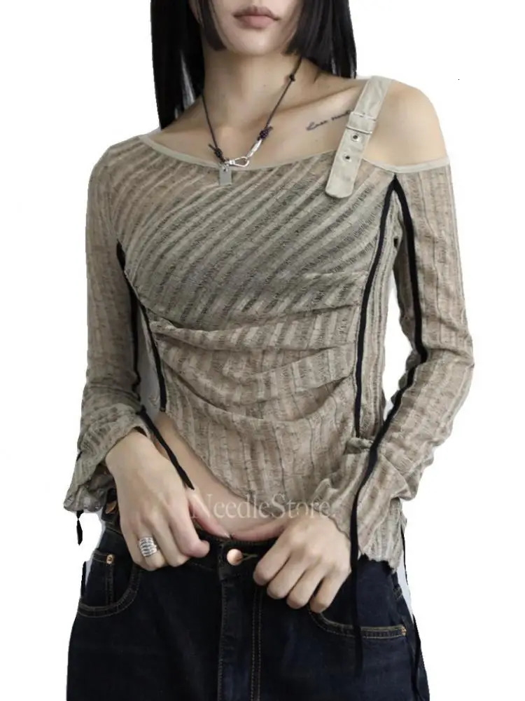 Yedinas American Retro T Shirt Women Clothes Long Sleeve Crop Top Lace Up Korean Fashion Gothic Off Shoulder Tee Shirt Femme Y2k 250517
