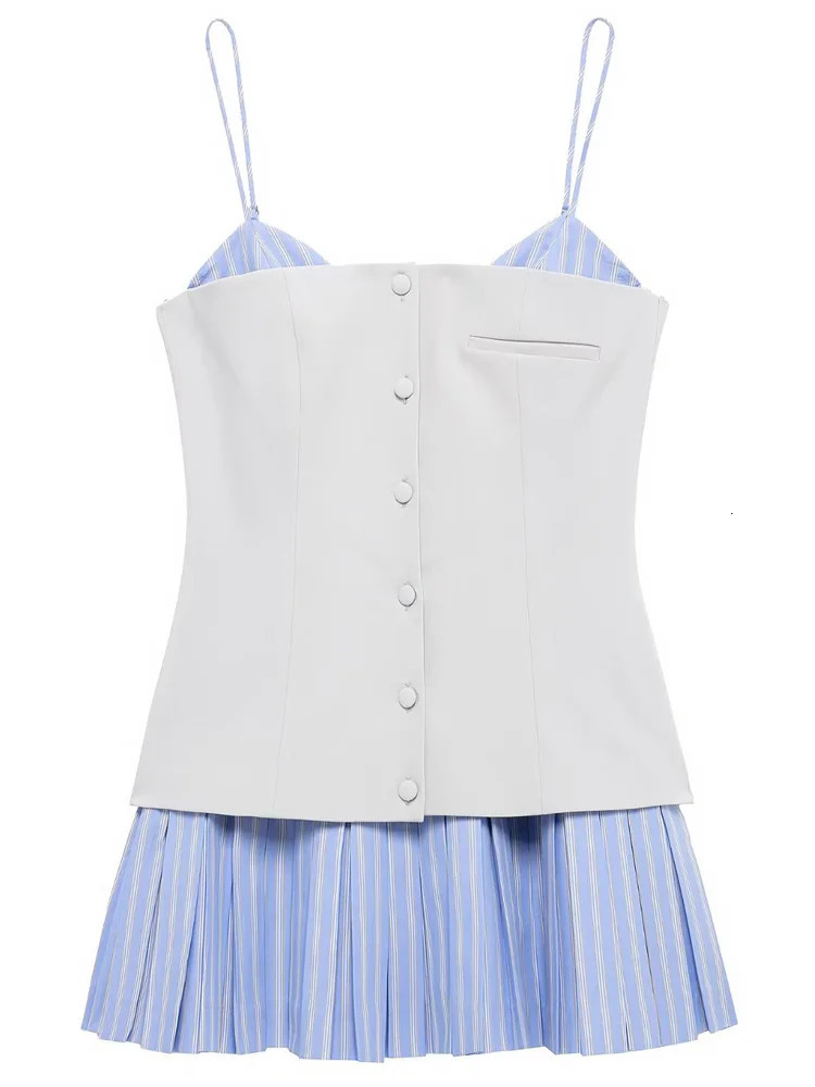 TRAF Womens Pleated Slip Dress Summer Woman Elegant Mini Sleeveless Backless Vestidos Poplin Button Up Korean Style 250520