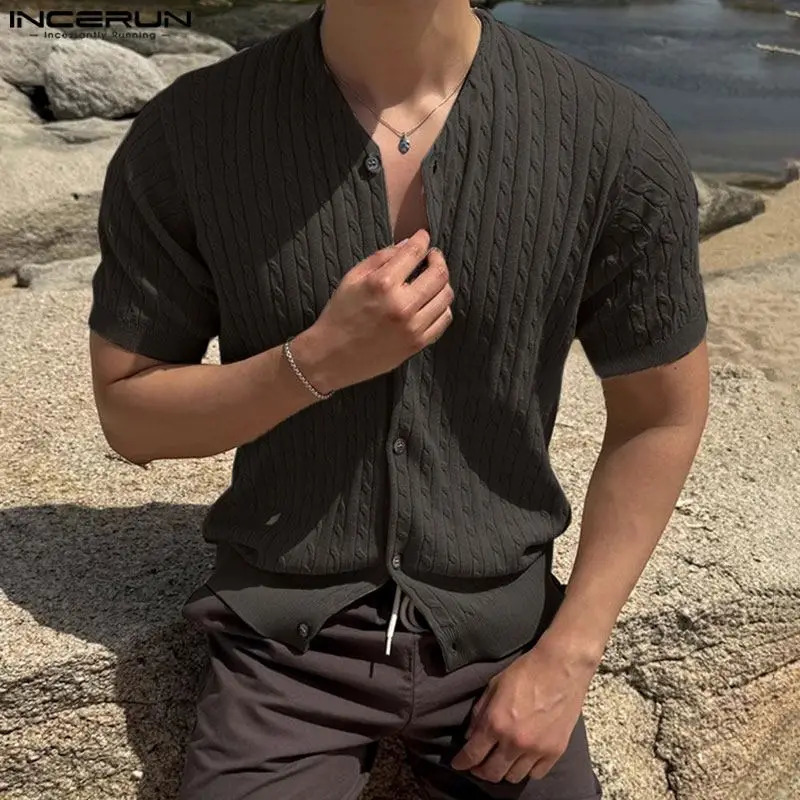 INCERUN Men Shirt Solid Color V Neck Short Sleeve Streetwear Summer Clothing Korean Style Knitted Fashion Male Shirts 250520
