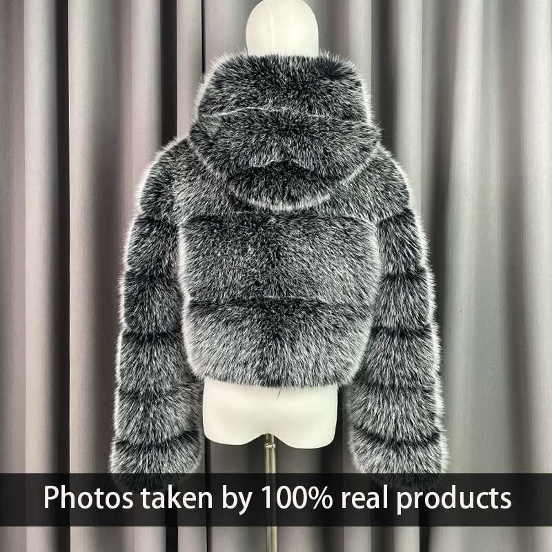 Winter Warm Ladies Fake Jacket Short Fashion Hooded Artificial Fox High Quality Women's Cropped Fur Coat Black Designer