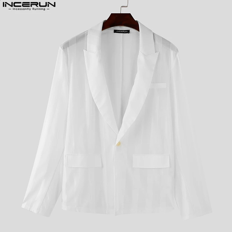 INCERUN Handsome Mens Tops See-through Striped Suit Coats Fashionable Male Selling Long Sleeved Blazer S-5XL 250519