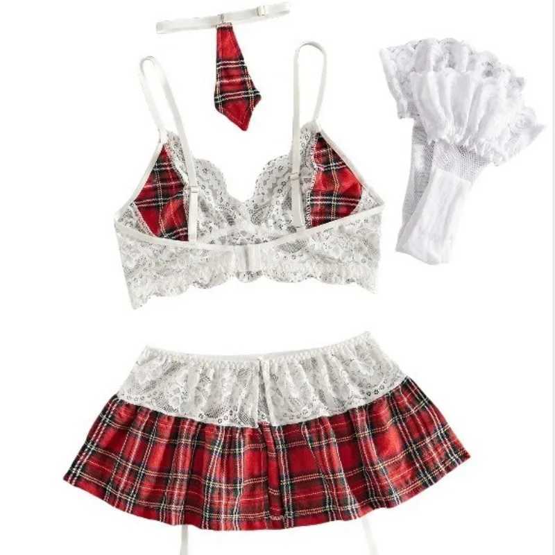 Sexy Lingerie Suit Women Plaid Suit Lace Hollow Lace Tie Role-playing Sexy College Uniform Mesh See-through Underwear R250520