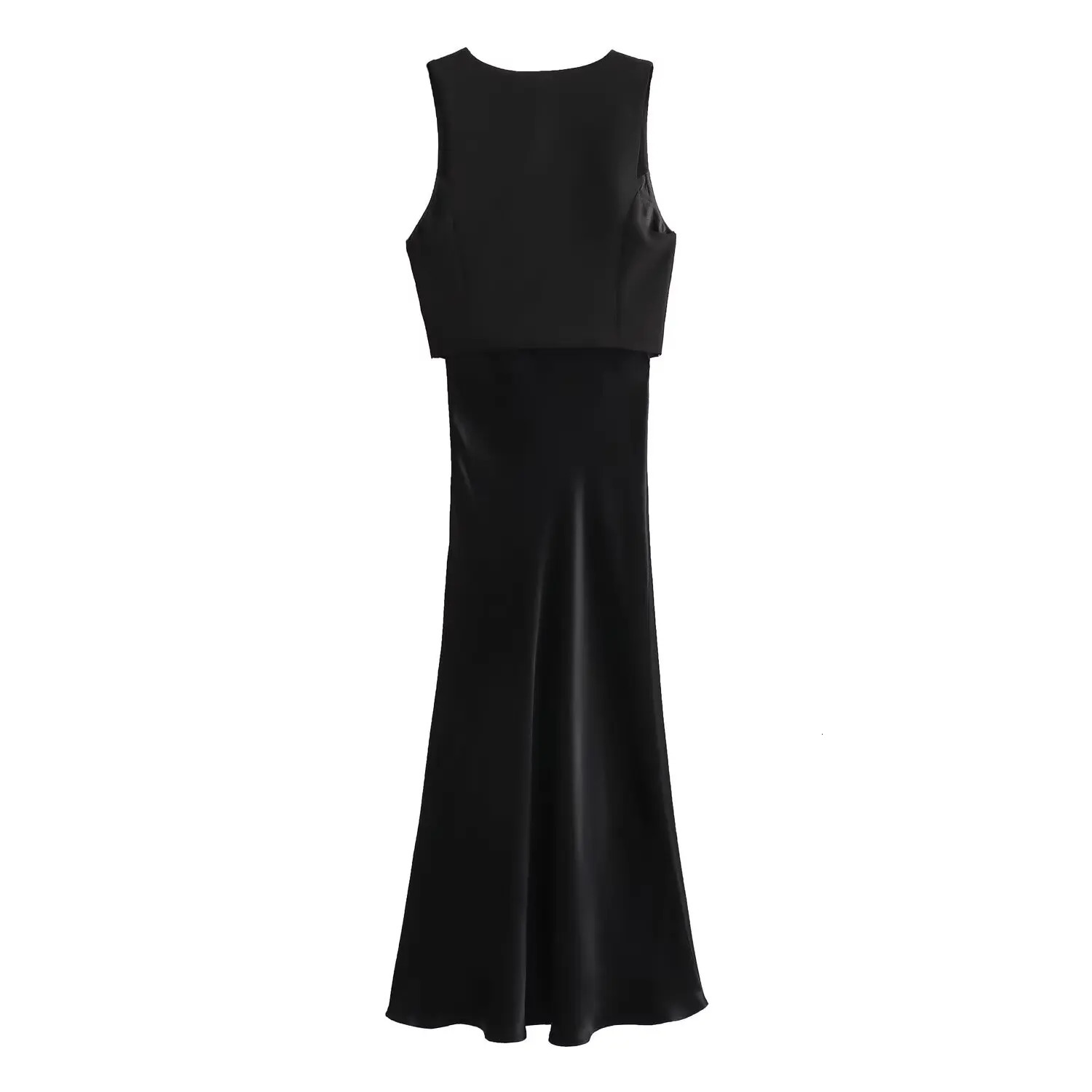 European and American style temperament versatile satin texture stitching sleeveless dress 250520