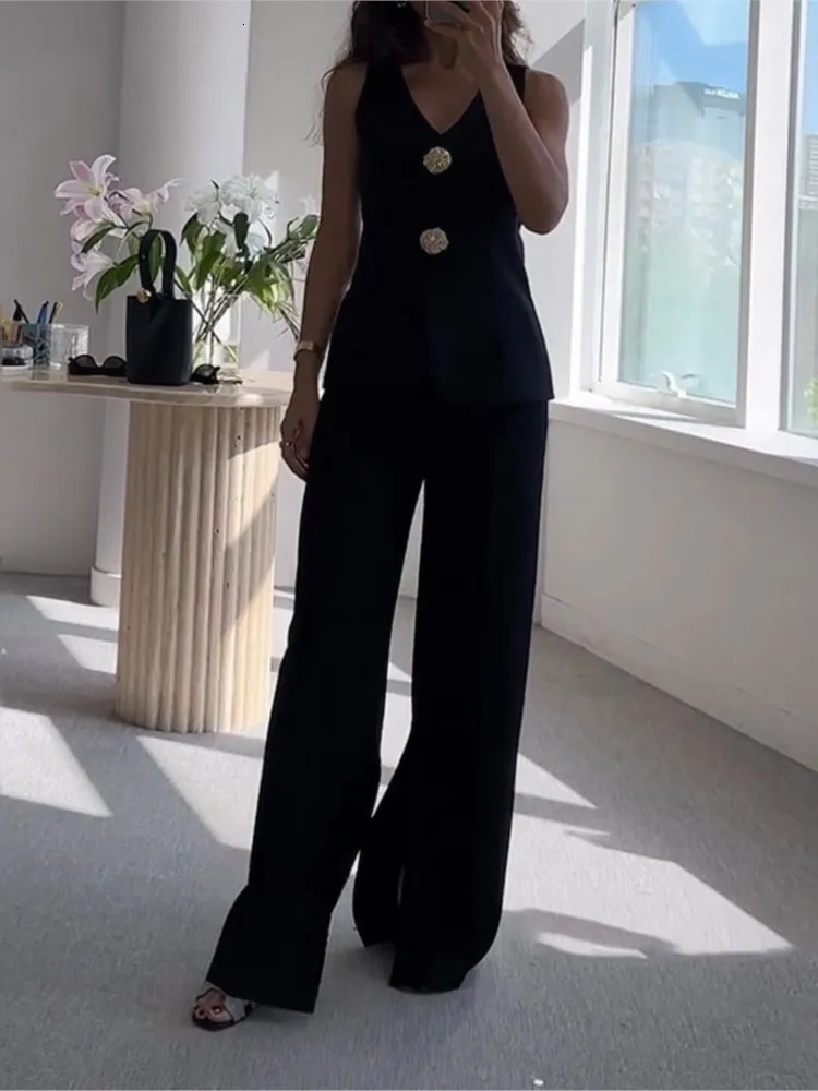 2025 Summer Fashion Two Piece Sets Women Elegant Tank Top Solid V-neck Sleeveless Vest High Waisted Wide Leg Pants Suits 250516