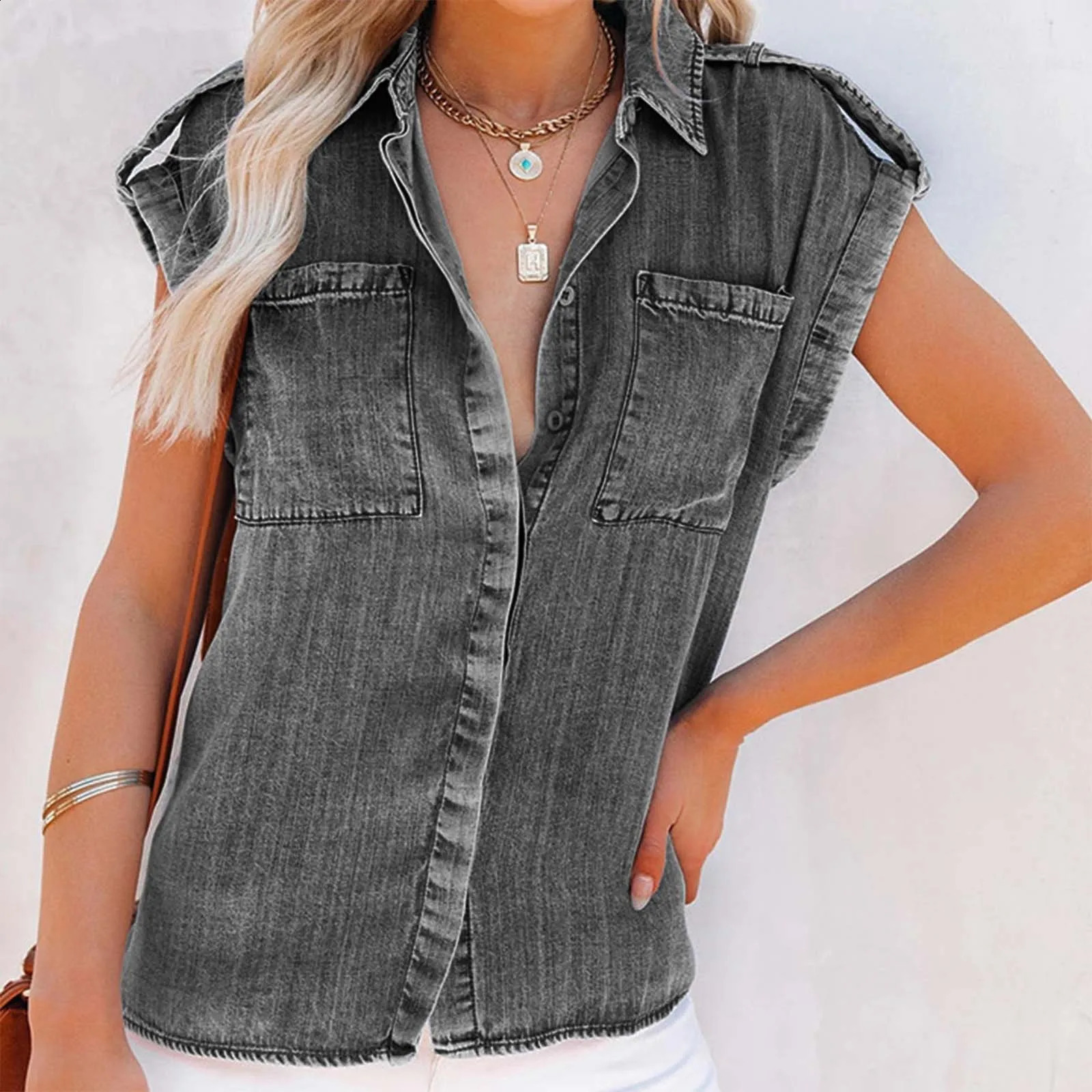 Summer Sleeveless Blouse Pure Color Retro WomenS Short Sleeve Denim TShirts Fashionable Street Outdoor Versatile Top 2024 250516Z