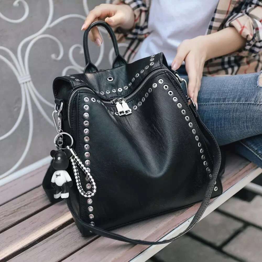Women Genuine Leather Backpack Rivet Multifunctional Shoulder Female Daily Travel Bag Girls Fashion Schoolbag Mochila