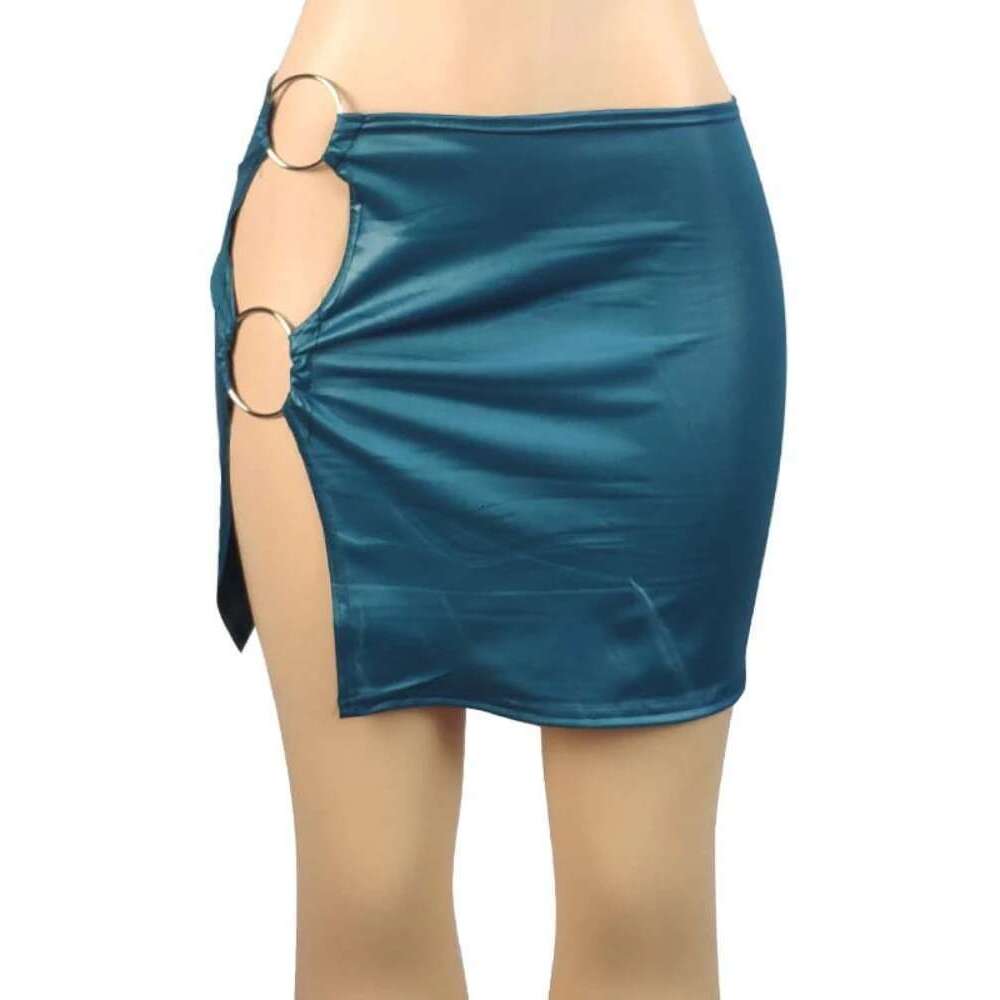 PU Imitation Leather Metal Ring Side Split Mini Women High-Waist Fitess Slim Skirts Vintage Bodycon Skirt Club Party
