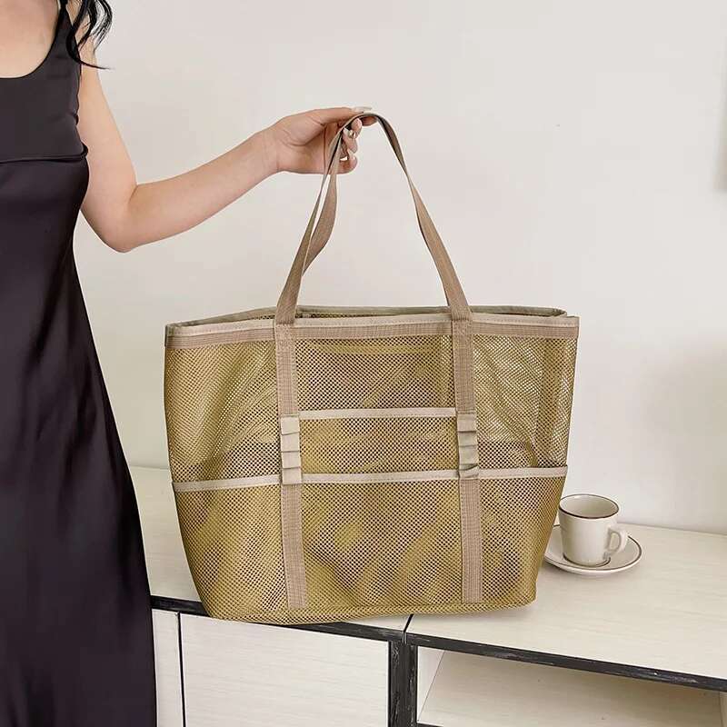 Large Capacity Canvas Beach Versatile Commuting Shopping Shoulder Lightweight Semi Transparent Mesh Hollow Bag