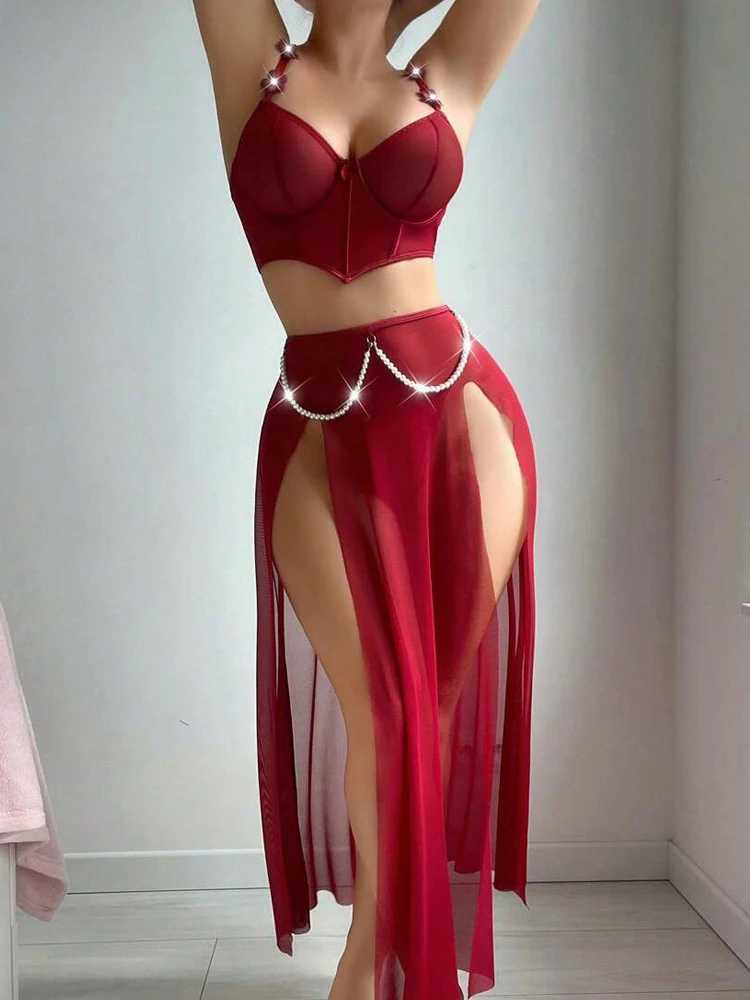 Sexy Lingerie Suit for Women Knot Patchwork Mesh See-through Womens Underwear Suit Solid Color Slit Skirt Lingerie R250520
