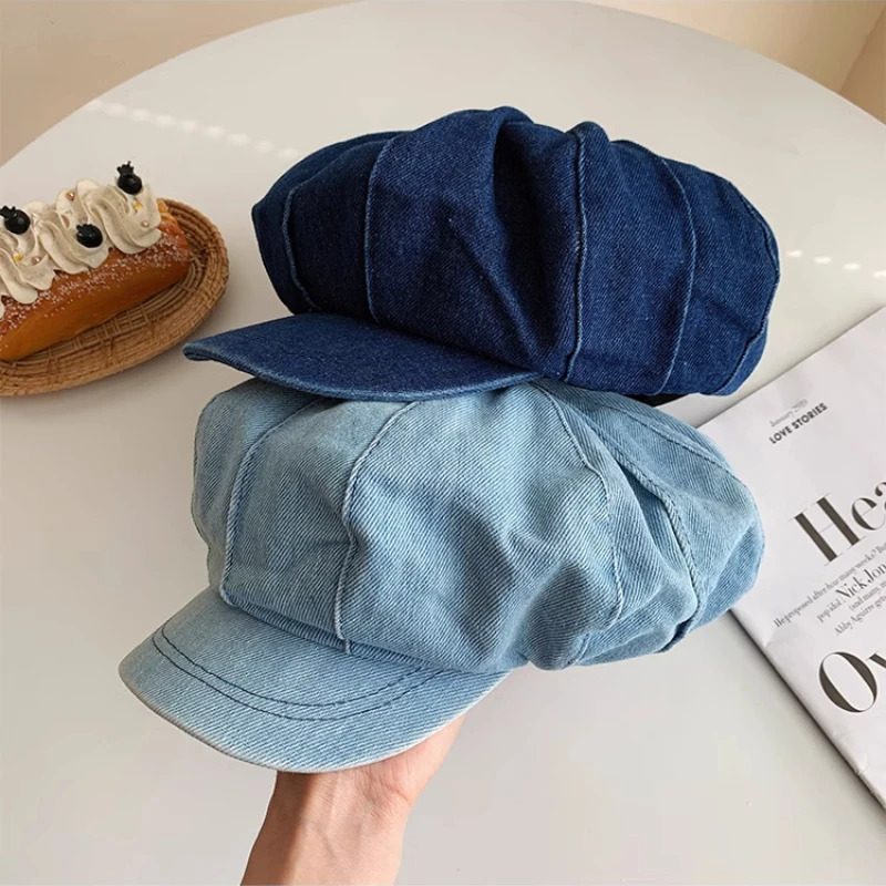 Japanese Niche Striped Retro Washed Denim Berets Cap for Women Spring Summer Literary Versatile Cloud Octagonal Hats 250520