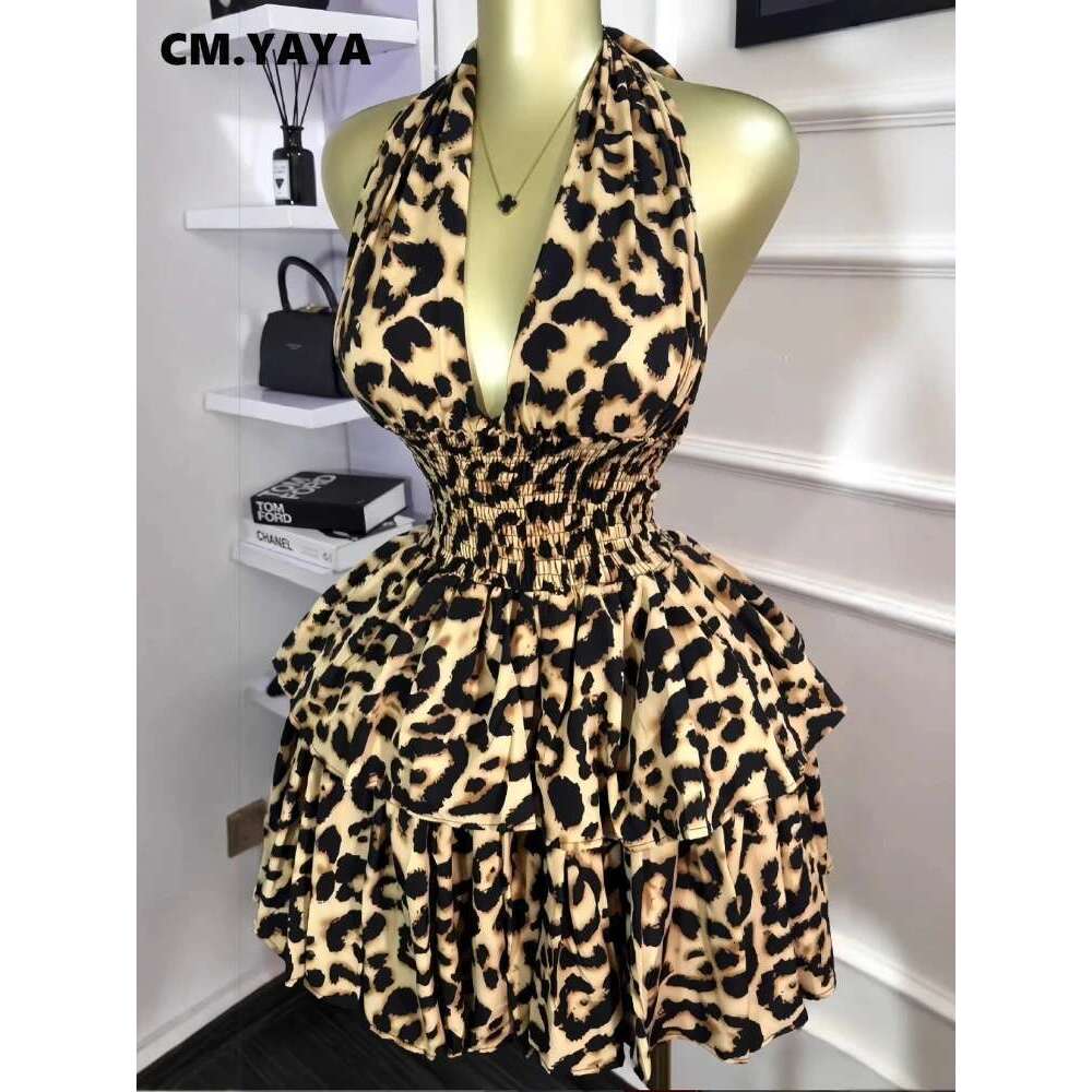 Women Leopard Print Halter Neck Backless Cascading Ruffles Big Swing Ball Gown Mini Dress Sexy Club Party Dresses