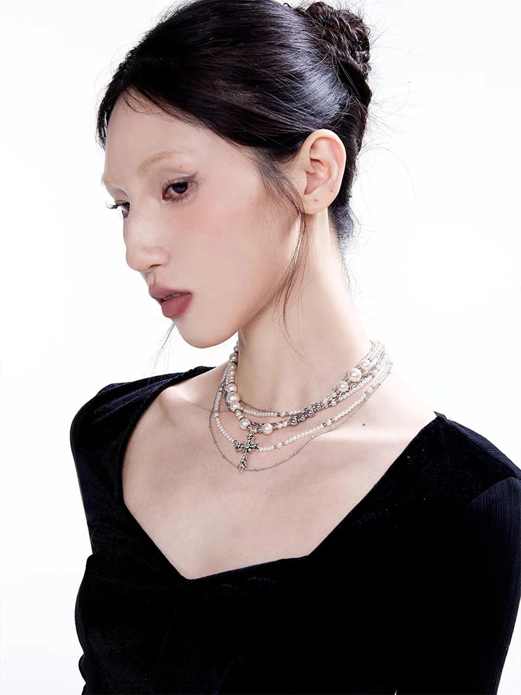 ZHUHE The Pearl Cross Layered Necklace In A Retro Style Is A Perfect Jewelry Accessory For Women And A Party Gift For Their Girl 250520