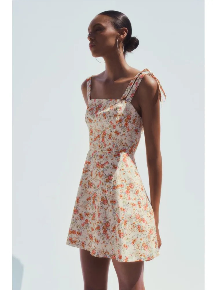 TRAF Women Floral Print Short Dress With Bow Sexy Backless Sleeveless Beach Style Womens Wave style Hem Female Dresses 250520