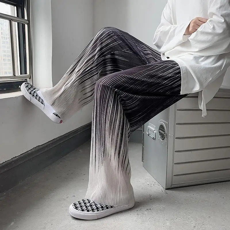 Summer Silk Pleated Man Casual Pants Harajuku Wide Leg Oversize Pants Streetwear Vintage Y2k Pants Clothes Trousers 250519