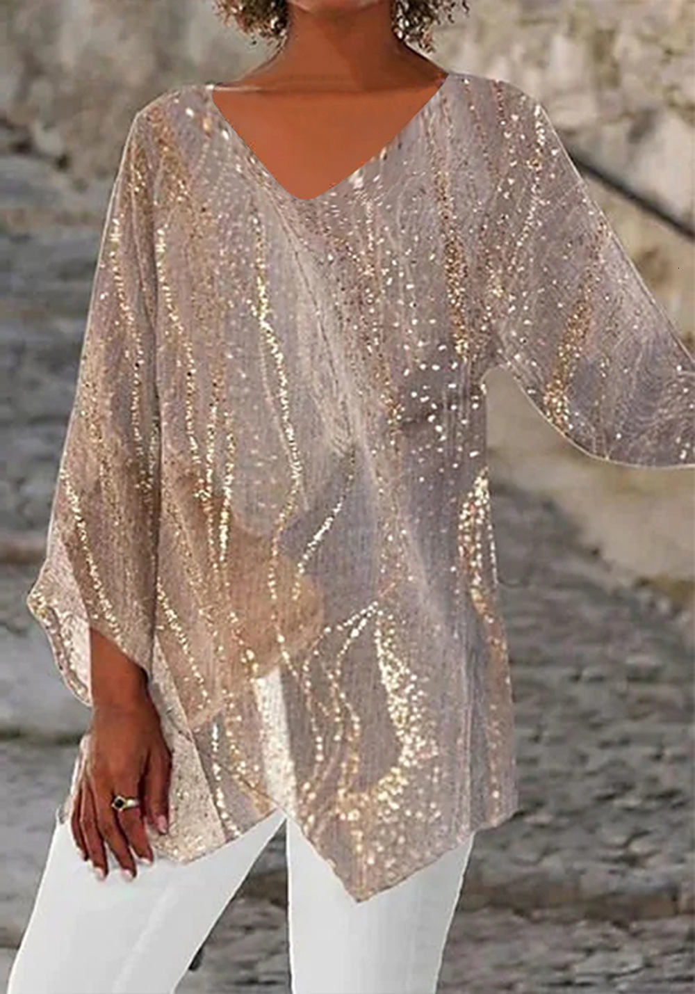 2025 New Designer Clothing Plus Size Women's T-shirt Casual Loose Print Long Sleeved V-neck Top Casual Trendy T-shirt