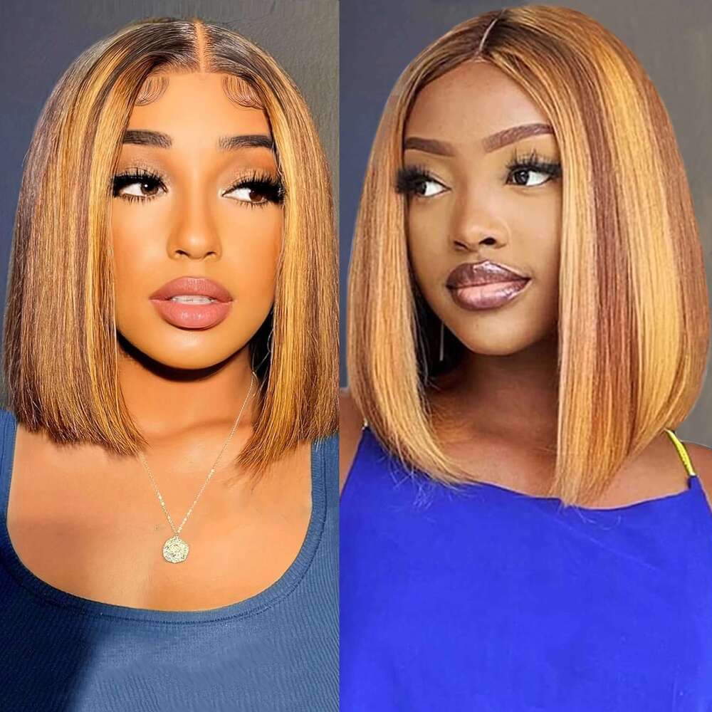 Highlight 4/27 Brown Blonde Color Straight 13x4 Bob Transparent Lace Human Hair Frontal Short Wig For Women