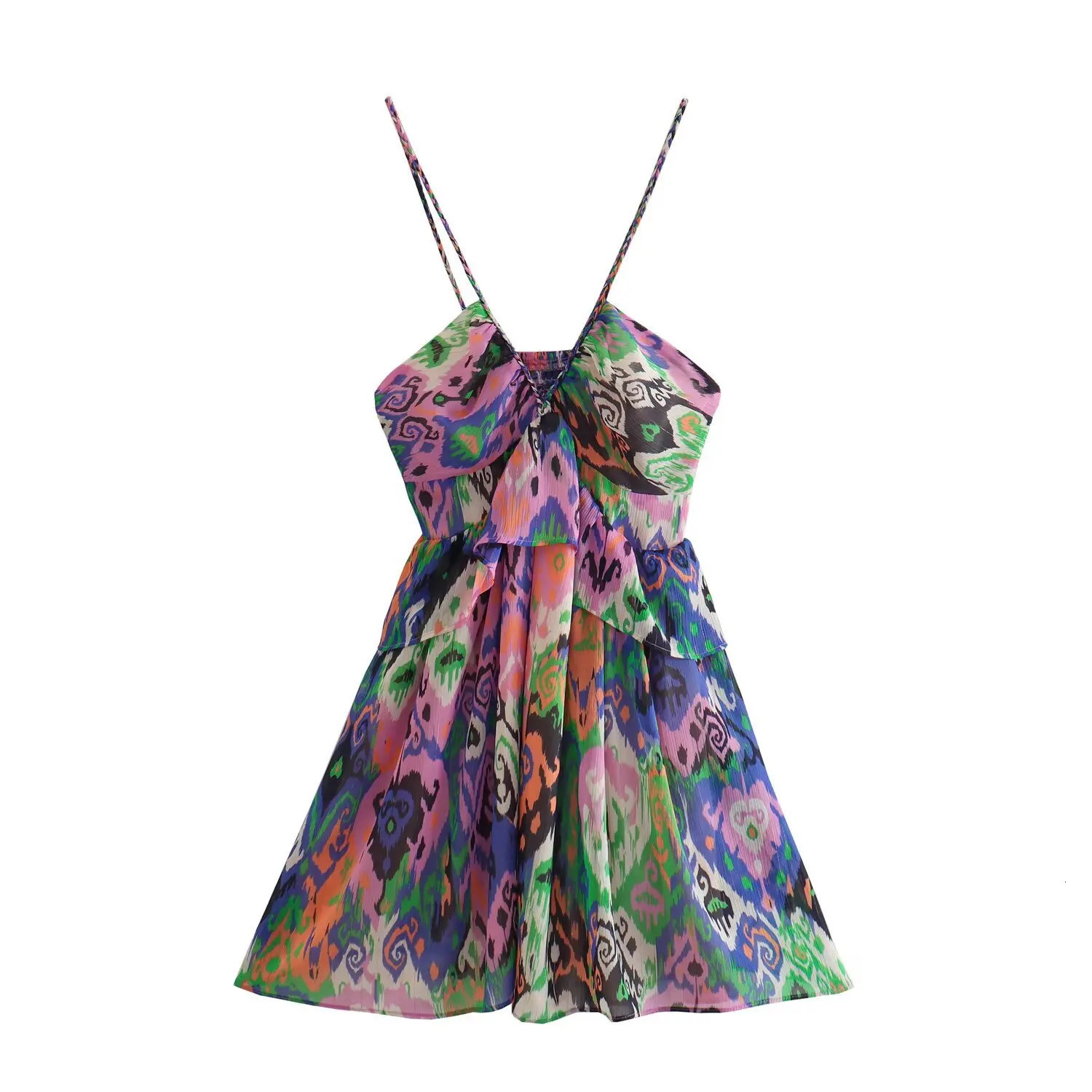 ZBZA Women Tiedye Printed Aline Dress Vneck Spaghetti Strap Pleated Midwaist Open Back Mini Spring Summer Chic Top 250520