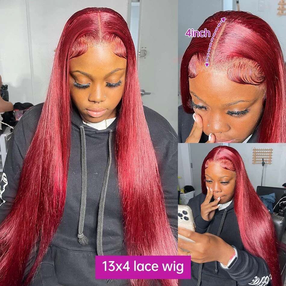 99J Bury Colored Straight HD Front Wig 100% Brazilian Human Hair Pre Plucked Wine Red 13x4 Lace Frontal Wigs