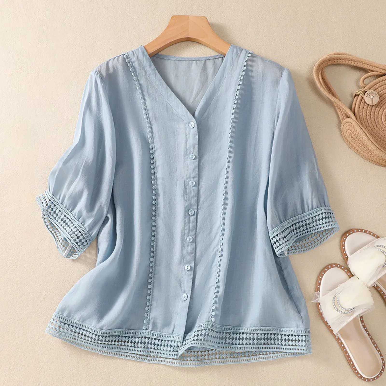 Womens Floral Embroidery Shirts 34 Sleeve Round Neck Vintage Flowing Tops Female Breathable Loose n Retro Blouses 250514