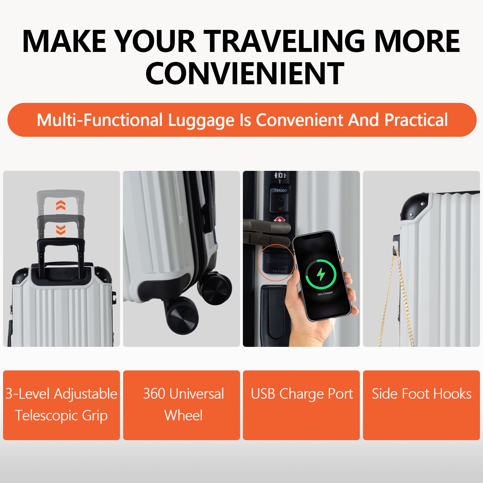 20" White Expandable Carry-On Luggage Set with USB Port - Business & Travel Suitcase suit case maleta koffer with TSA lock