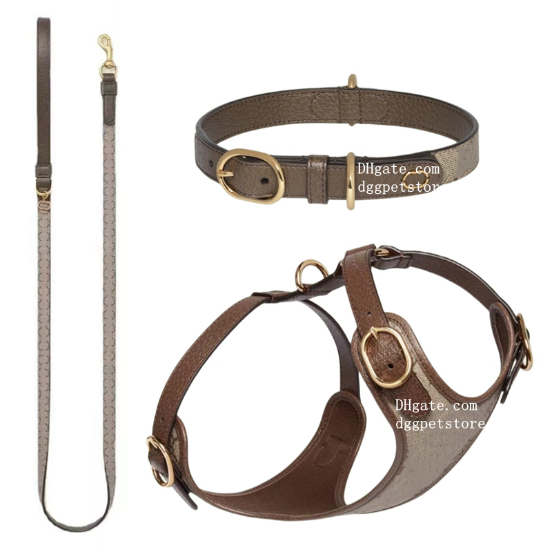Designer Dog Harness Collar and Leash Set with Classic Letter No Pull Dog Harness Soft Adjustable Luxurious Leather Step in Puppy Vest with Poop Bag Dispenser S B159