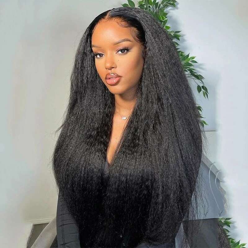 Yaki Black 30Inch Long Kinky Straight Lace Front For Women With Baby Hair Synthetic Preplucked Glueless Daily Wear Wig