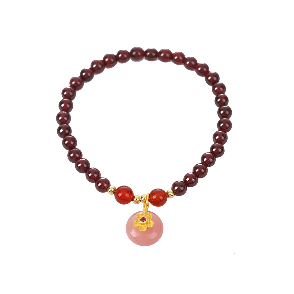 Ins ethnic style wine red bracelet, Chinese peach blossom blossoming, garnet creative bracelet for women