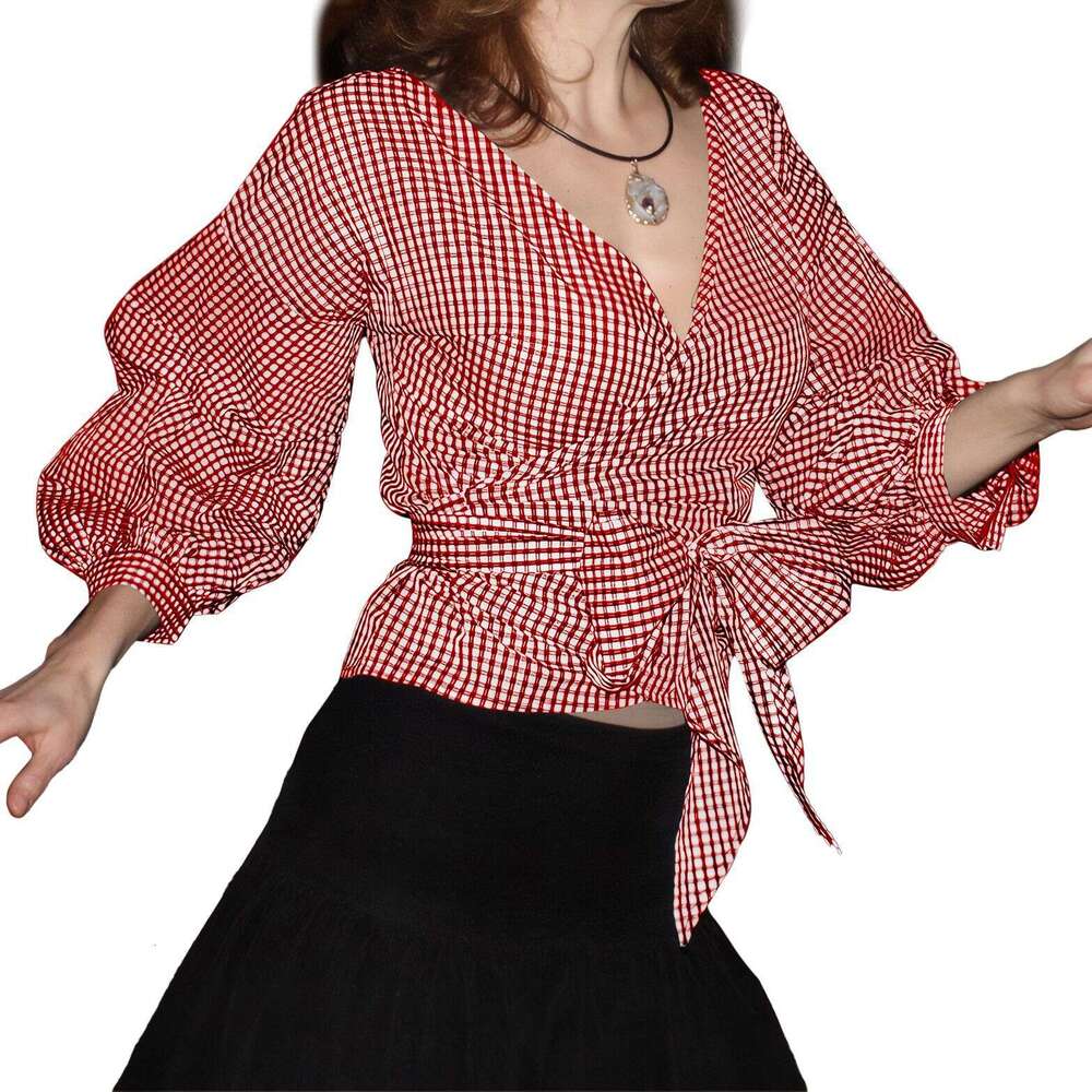 Women's Wear D3319 Summer Large Fashion V-Neck Bubble Sleeve Big Bow Decorative Shirt Checkered Strap Top