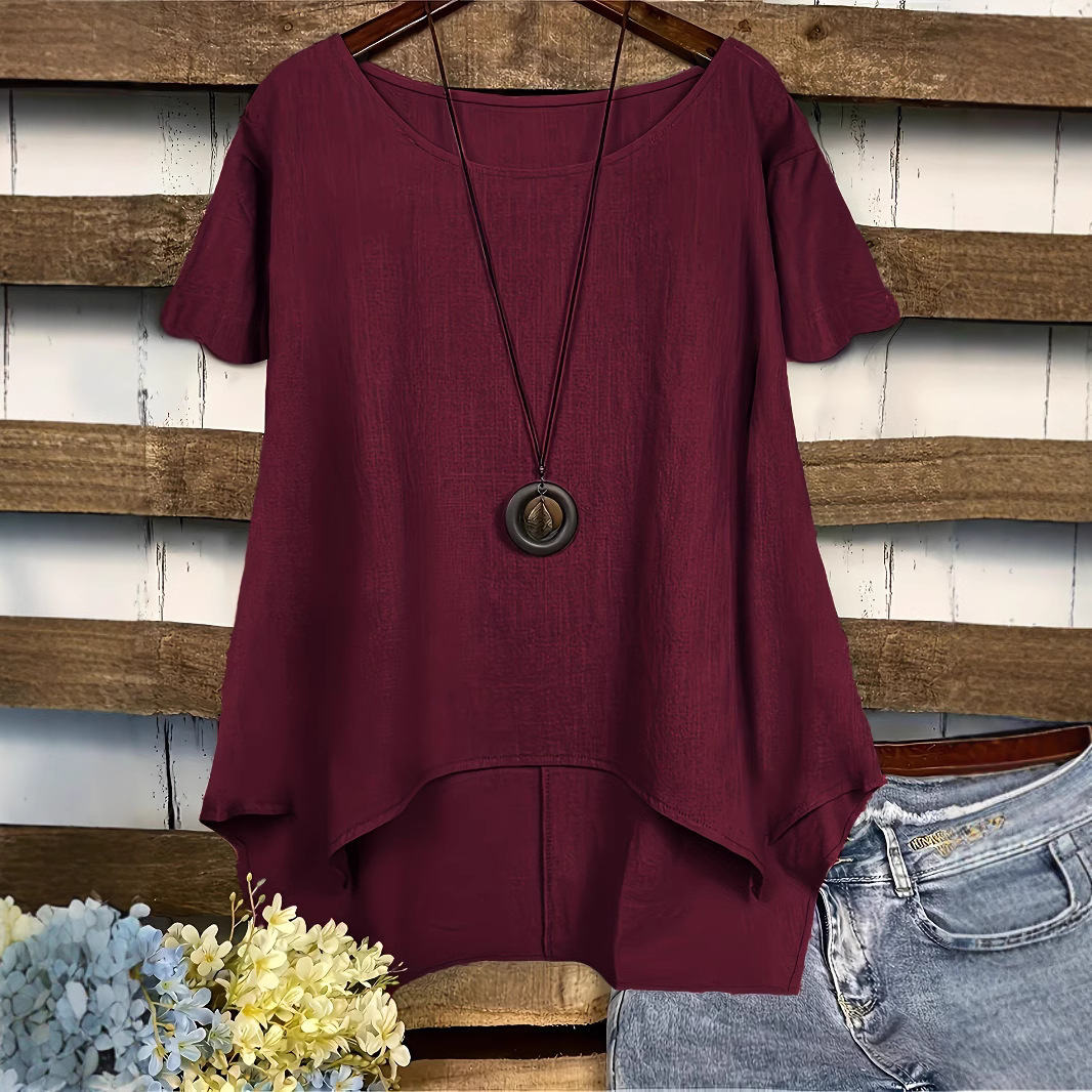 Designer Clothing Summer Fashion Round Neck Pocket Solid Color Irregular T-shirt Women's Shirt Casual 2025 New Style