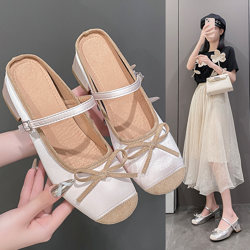 Free shipping Designer Women's Summer 2025 half-slipper with a thick heel, height-increasing, and wearing a bow on top, sweet and versatile, eleg