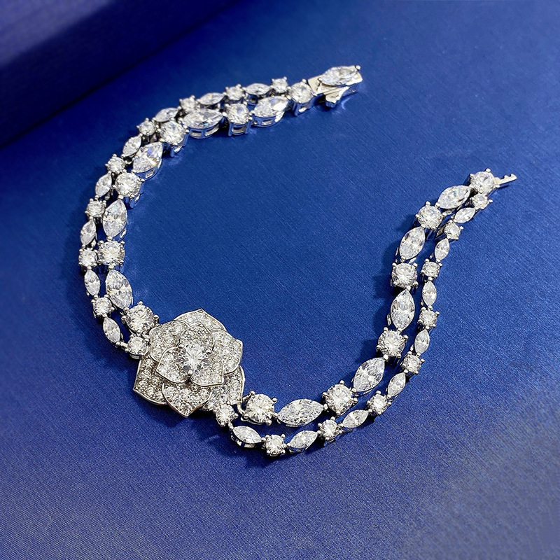 New S925 Silver Full Diamond Inlay Camellia Flower Bracelet, Elegant Luxury Jewelry for Women, Ideal Gift for Special Occasions
