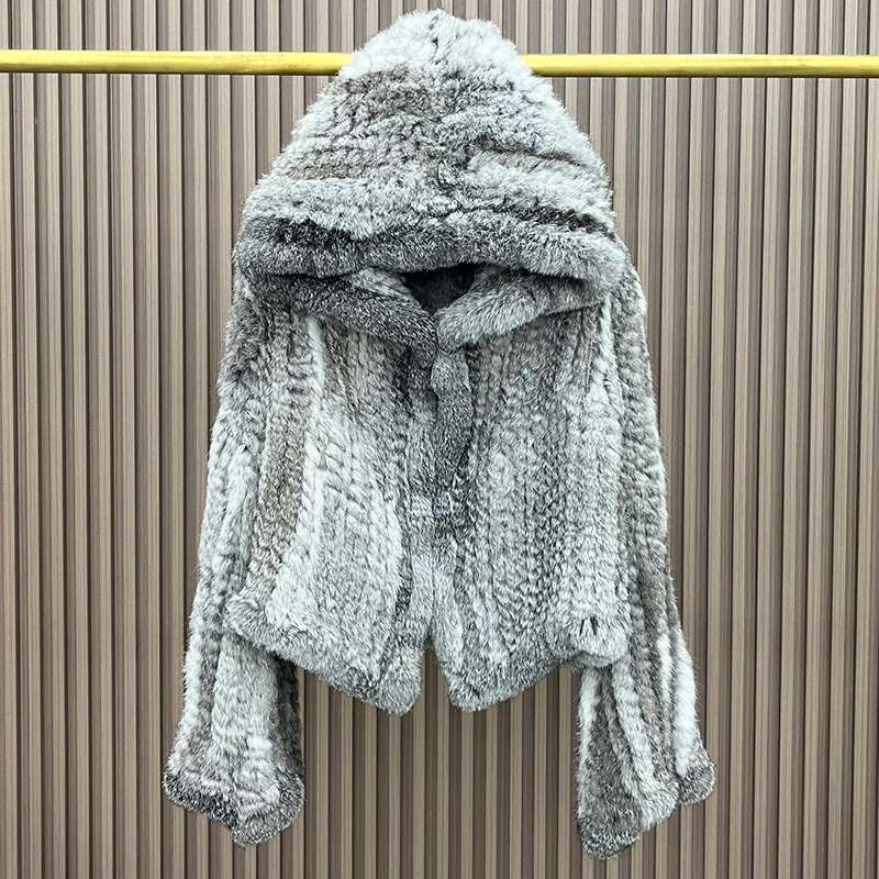 2023 Autumn Winter Women Real Natural Rabbit Thick Coat 100% Fur Warm Jacket Loose Knited Hooded Full Sleeves