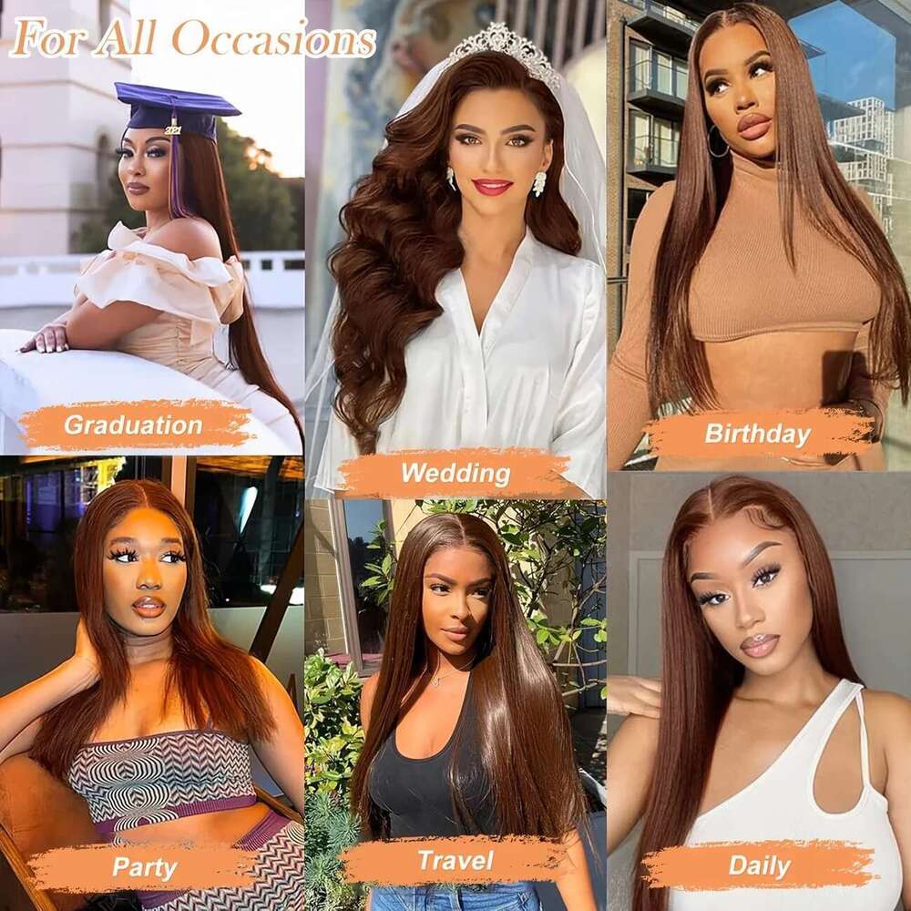 44 46 inches200 Density Chocolate Brown Straight Lace Front Women 13x4 13x6 lace Human Hair Wig for Daily Wear