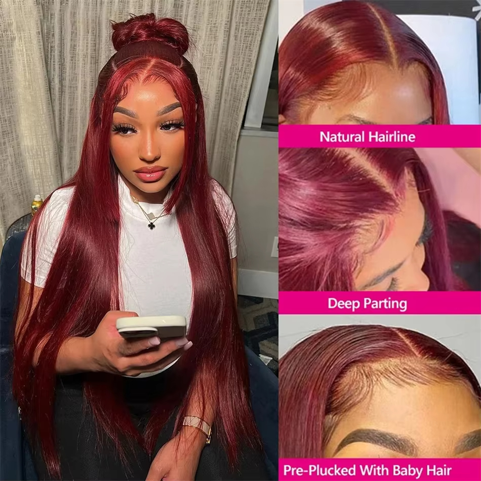 Bone Straight Lace Wigs Burgundy 250 Density 34 Inches Bone Straight Hair 13x4 Transparent Lace Front Look Like Human Hair Wigs Brazilian 13x4 Glueles