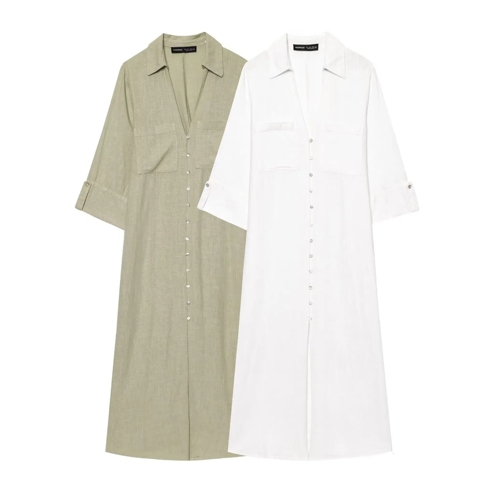 European and American style simple linen blended shirtstyle longsleeved casual dress 250520