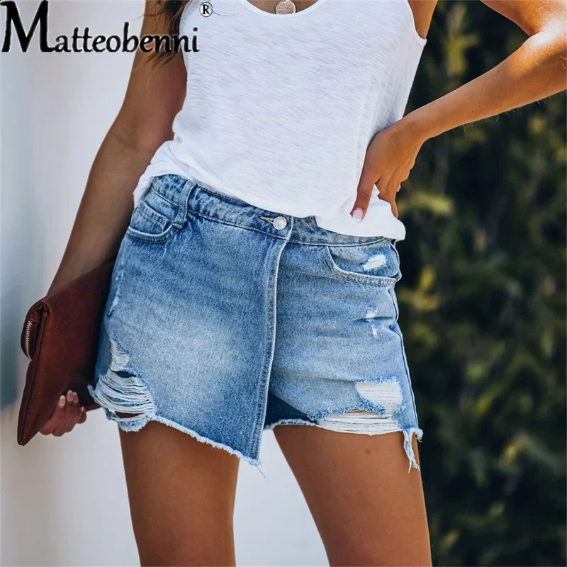 2024 Summer Women Ripped Repaired Denim Shorts High Waist Bodycon Distressed Hole Bottoms Casual Pockets Sexy Short Jeans 250514